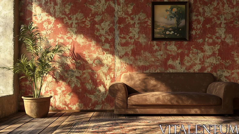 Sunlit vintage sofa rests against textured red wall