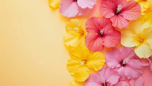 Vibrant Hibiscus Flowers Arranged on Soft Yellow Background