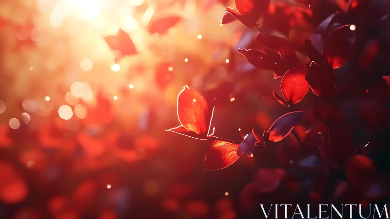 Sunlit red leaves glow softly in a warm evening breeze