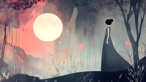 Girl in a moonlit forest dreamscape under soft pink skies.
