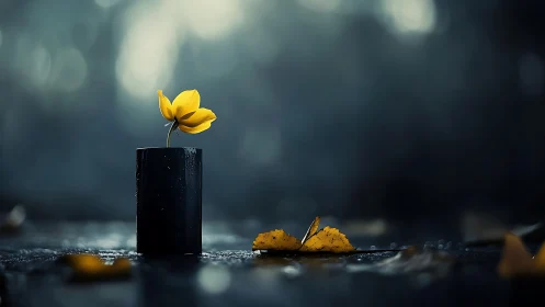 Solitary Yellow Bloom in Charred Cylindrical Vessel Against Blurred Moody Backdrop