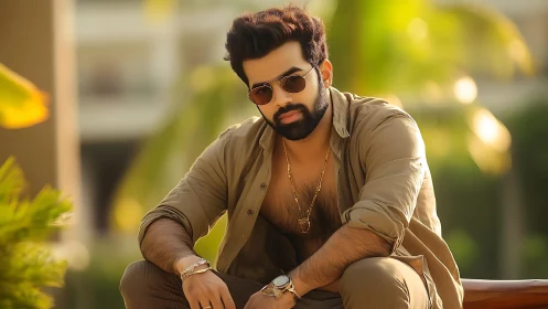 Relaxed bearded man in sunglasses enjoying golden sunlight.