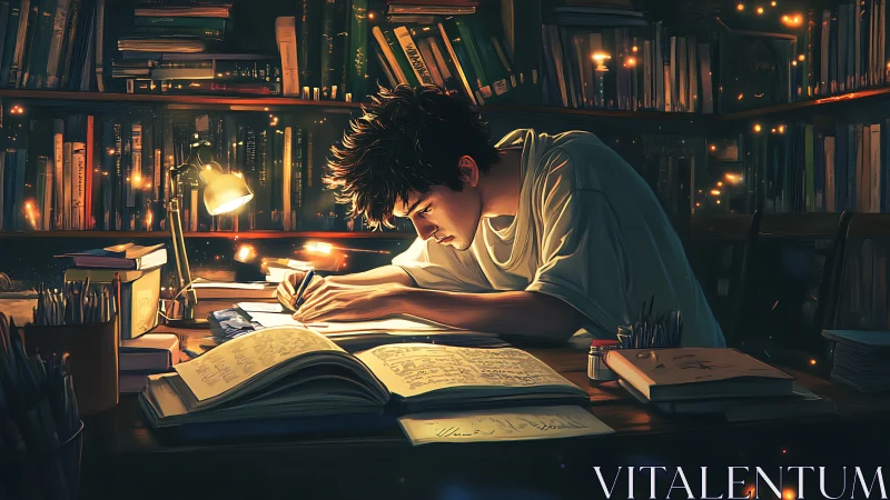 Midnight scholar bends light and ink over glowing pages.