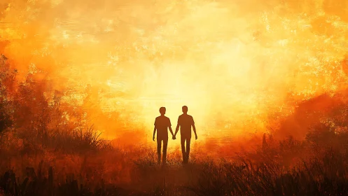Digital painting of silhouetted couple in luminous sunset field.