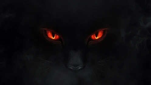 Black feline face with orange eyes in dark surroundings.