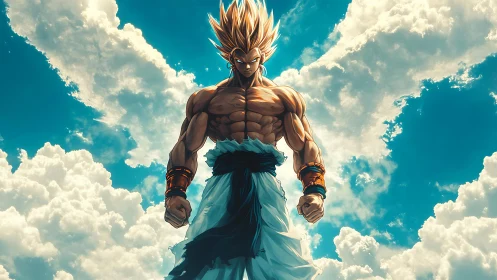 Muscular anime warrior figure against bright clouded sky.