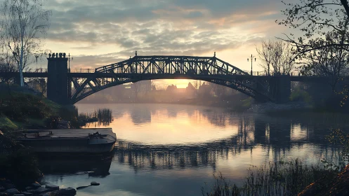 Gentle riverside bridge glowing softly in the evening light.