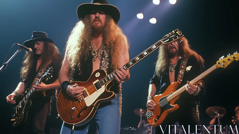 Rock guitar trio performs under stage spotlights during concert