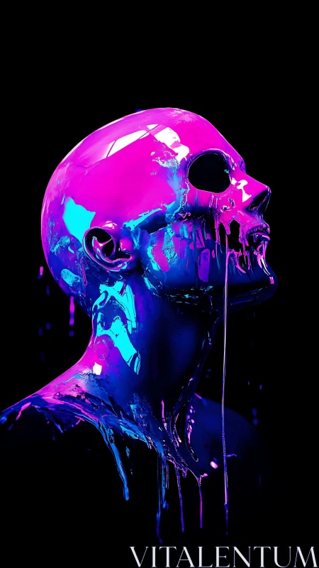 Neon-lit human bust rendered in glossy melting chrome
