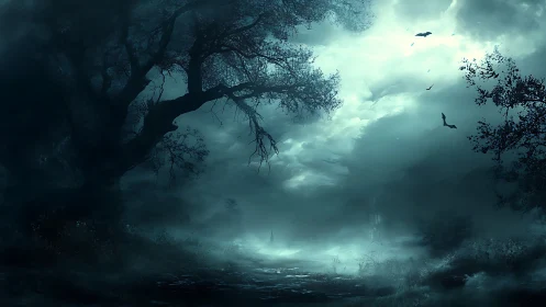 Moonlit haunted forest path under storm clouds at dusk.