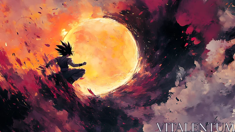 Lone anime warrior confronts a blazing celestial vortex