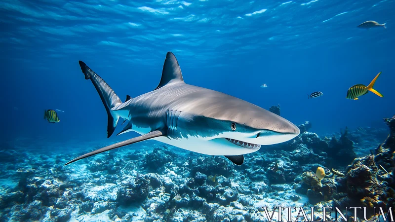 Predatory reef shark glides over coral seabed in clear blue water