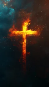 Burning cross ignites within deep cosmic smoke field.