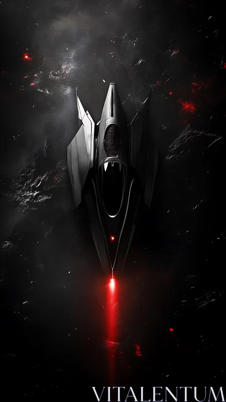 Sleek black starship firing red beam in deep space.