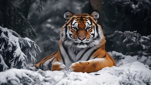 Regal tiger rests in a silent snow-covered forest sanctuary
