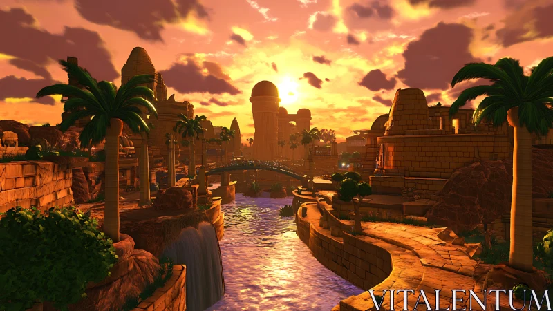 Sunlit river passes through stylized desert cityscape at dusk