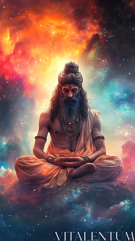 Cosmic yogi resting in peaceful meditation among stars.