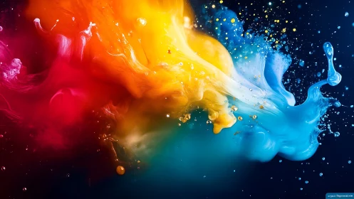 Liquid color collision forms radiant abstract spectrum burst.