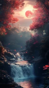 Red moon illuminates waterfall in dense autumn forest