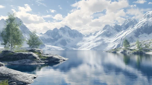 Tranquil alpine lake mirrors snowy peaks under soft clouds