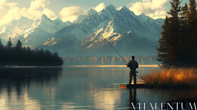 Solitary angler greeting dawn beneath ember-tipped peaks.