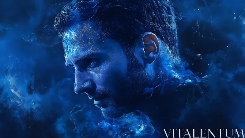 Ice-lit male portrait in deep electric blue nebula haze.