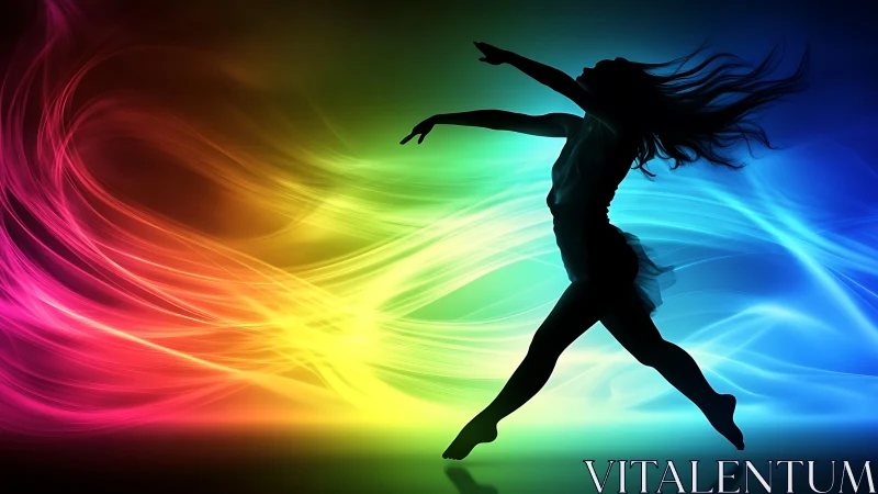 Silhouette dancer leaping across flowing rainbow light waves.