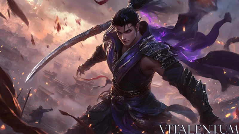 Storm-lit warrior strides through battle with shadowed power