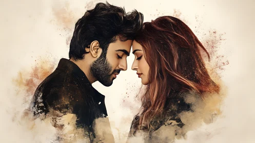 Couple in profile with watercolor dispersal effect and neutral background.