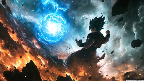 Silhouetted warrior facing large blue energy sphere in space.