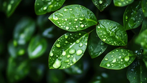 Green leaves with rain droplets in close natural focus.