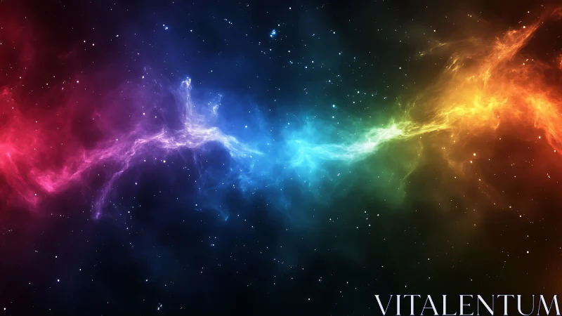 Prismatic galactic nebula stream across deep starfield.
