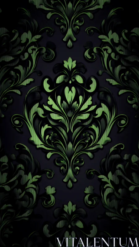 Green damask motif repeats over dark vertically aligned field