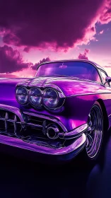 Neon purple classic car gleams under a dramatic sunset sky
