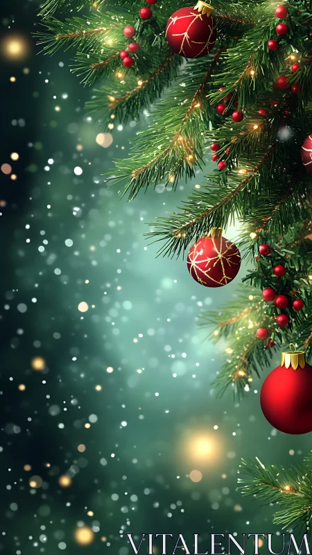 Christmas tree ornaments glow against dreamy green bokeh