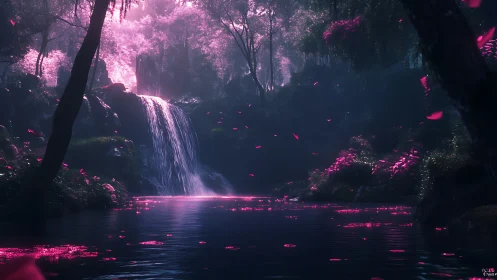 Enchanted waterfall pool under vivid pink forest light.