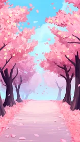 Cherry blossom path extends under bright blue spring sky