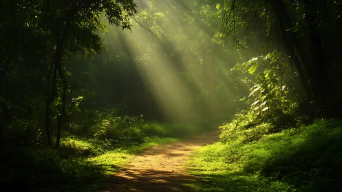Sunlit Forest Path Through Dense Canopy.