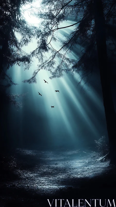 Moonlit forest path glows under dramatic misty rays.