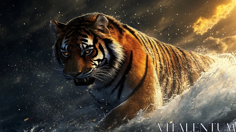 Cinematic tiger portrait strides through turbulent, backlit surf