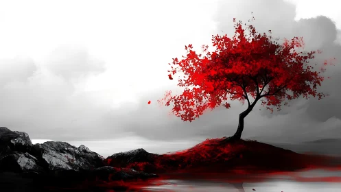 Solitary crimson tree glows against misty monochrome shore