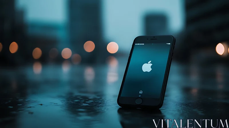 iPhone on wet surface with urban bokeh background.