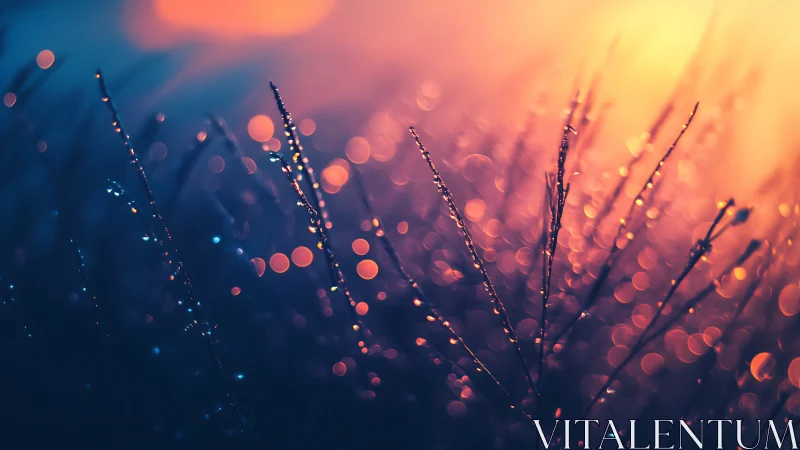 Backlit dewdrops shimmer on meadow grass at sunrise.