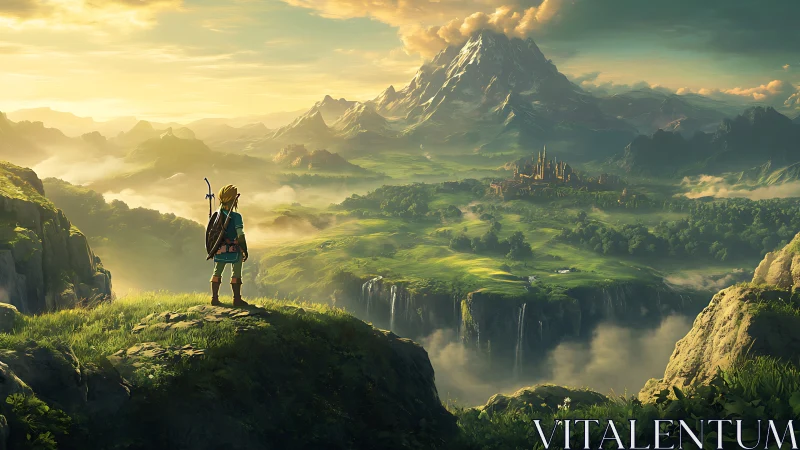 Lone adventurer surveys vast green valley under distant peak