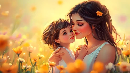 Digital painting of tender mother and child in floral glow.