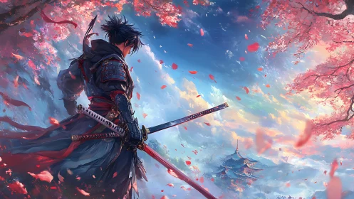 Lone samurai surveys distant temple under cherry blossoms.