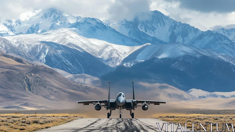 Jet aircraft taxiing on remote runway below snowy mountains.