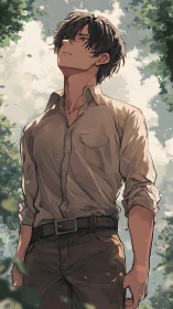 Pensive young man stands beneath dappled forest sunlight.