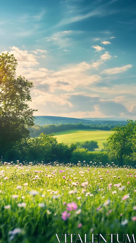 Wildflower meadow extends toward layered fields and distant hills