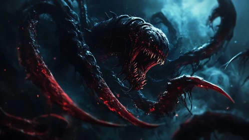 Nightmare abyss creature unleashes seething crimson tendrils